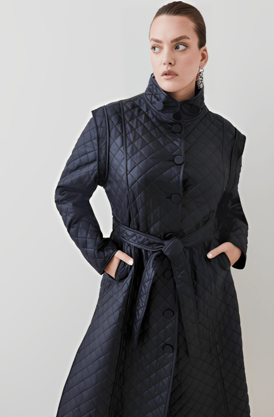 Elegant Women's Quilted Leather Trench Coat - Black