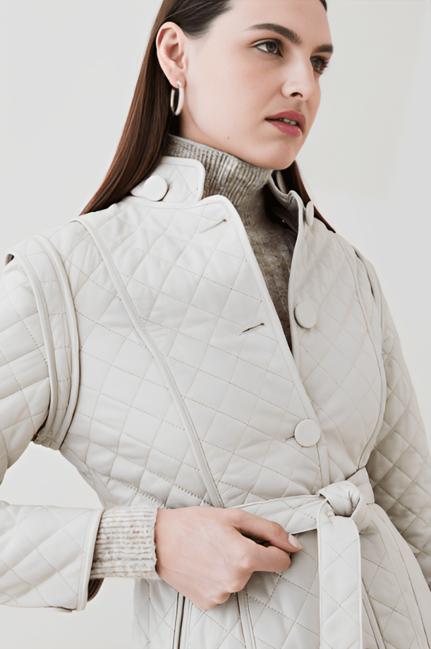 Elegant Women's Quilted Leather Trench Coat - Off-White