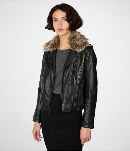 Women's Leather Biker Jacket in Black with Removable Fur Collar - Stylish & Versatile