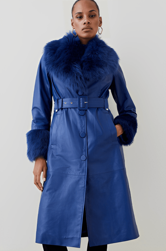 Women's Shearling Leather Coat In Blue With Fur Collar