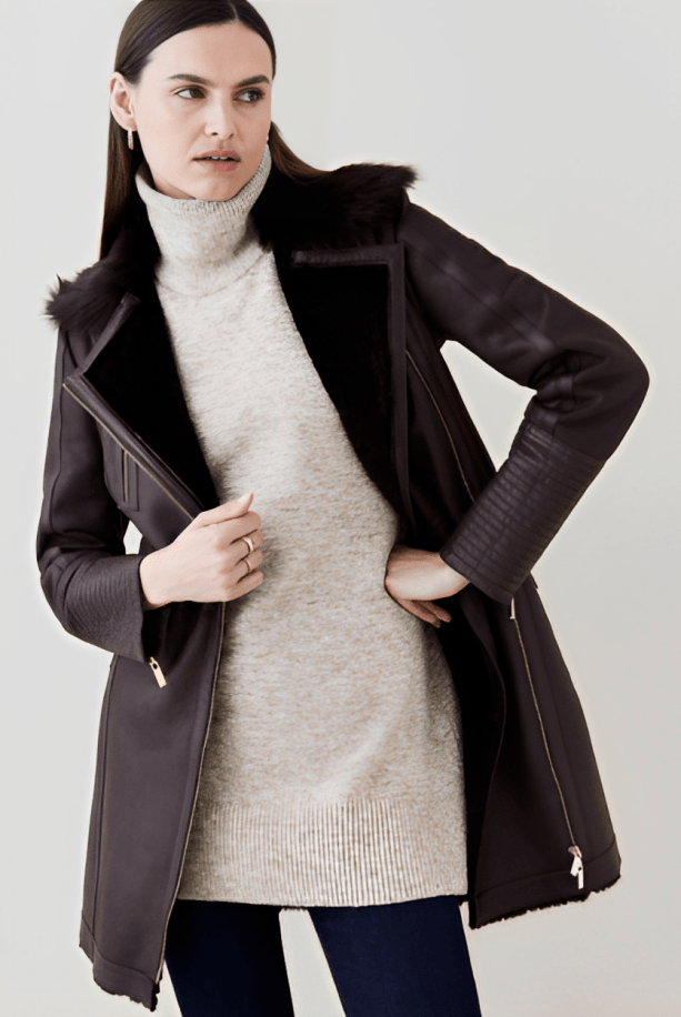 Women's Shearling Leather Coat In Dark Brown