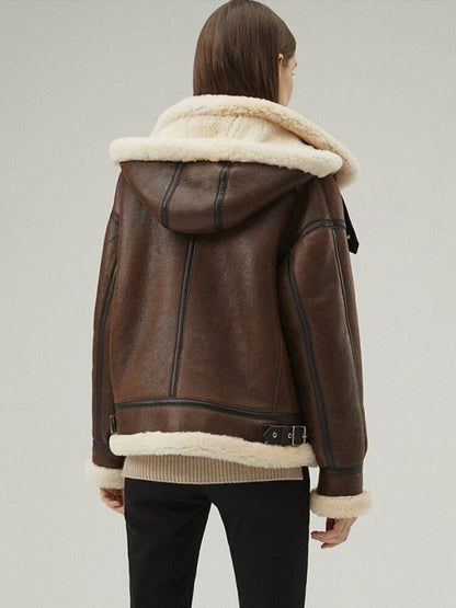 Women's Dark Brown Shearling Leather Jacket with Removable Hood