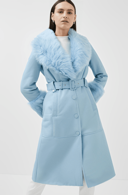 Women's Sky Blue Shearling Leather Trench Coat