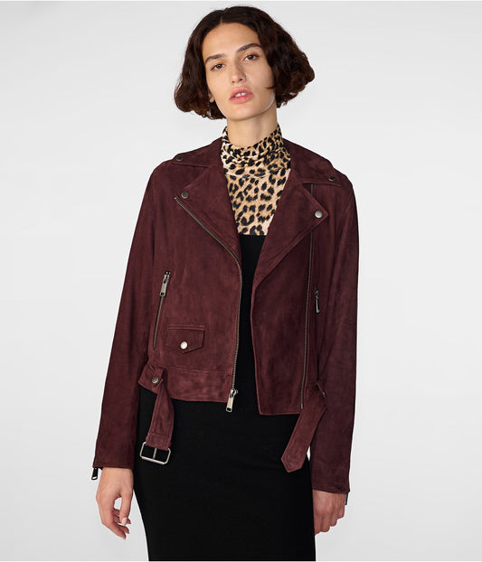 Women's Suede Leather Biker Jacket in Maroon