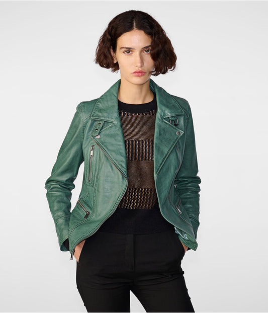 Women's Distressed Leather Biker Jacket in Sea Green