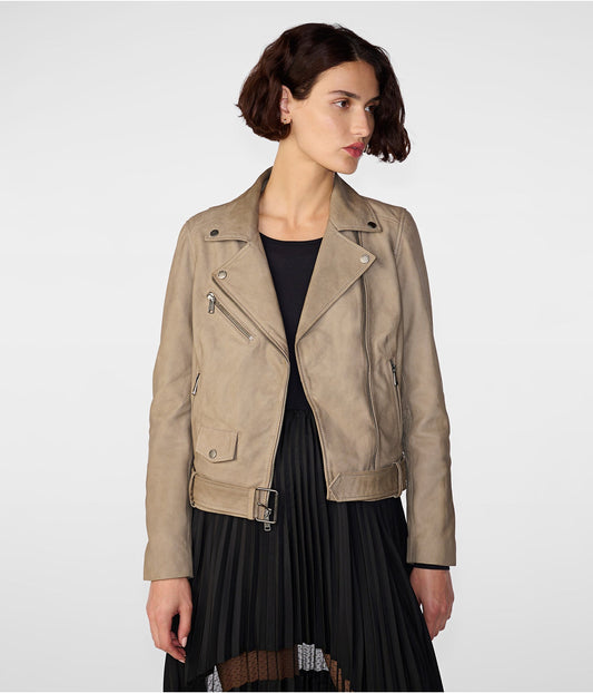 Women's Tan Beige Suede Leather Biker Jacket - Stylish & Sophisticated