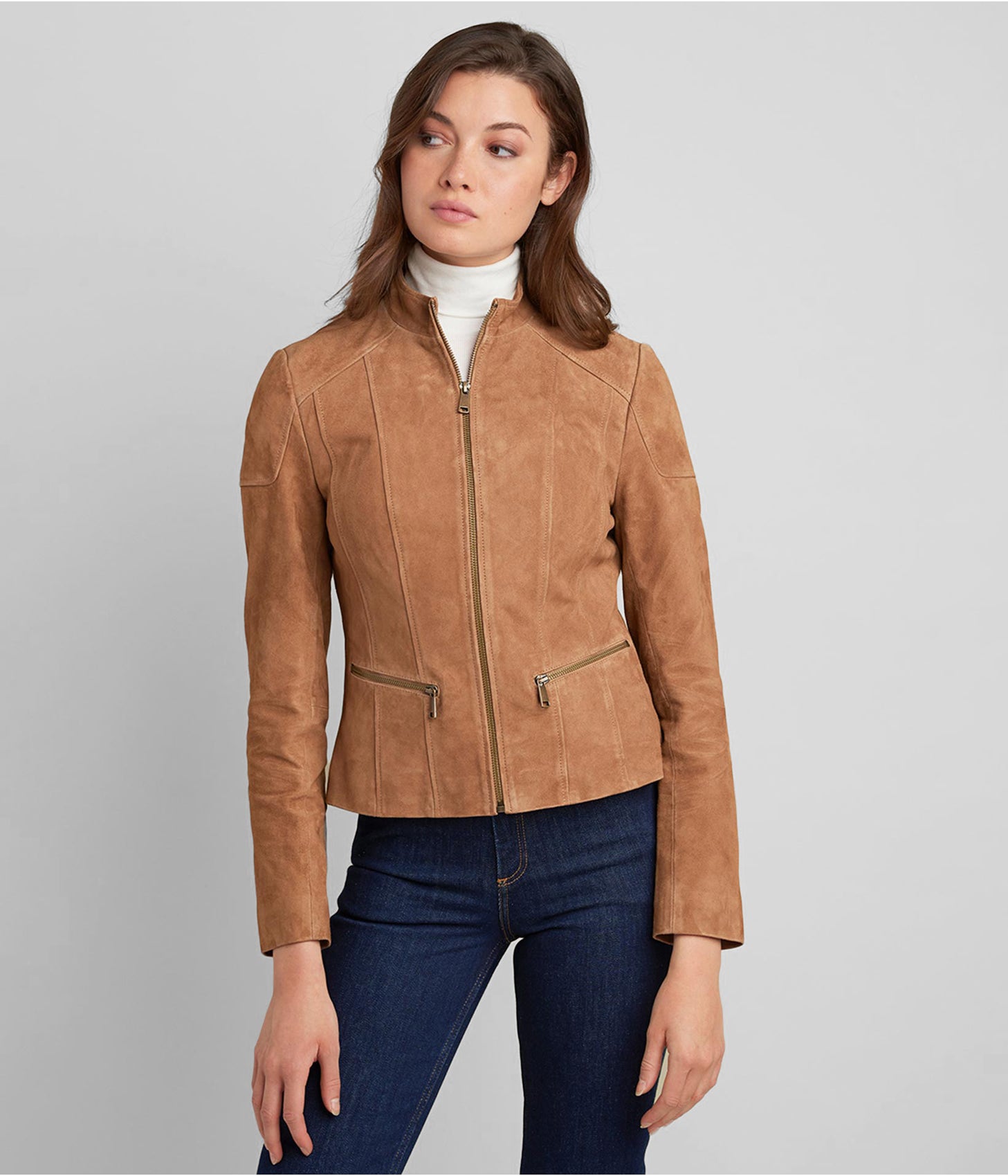 TOPGURUJACKETS Women's Suede Leather Biker Jacket in Tan Brown