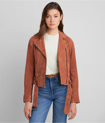 TOPGURUJACKETS Women's Tan Brown Suede Leather Biker Jacket