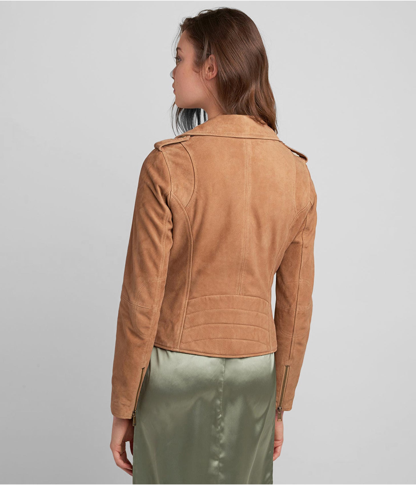 Women's Suede Leather Moto Jacket Tan Brown