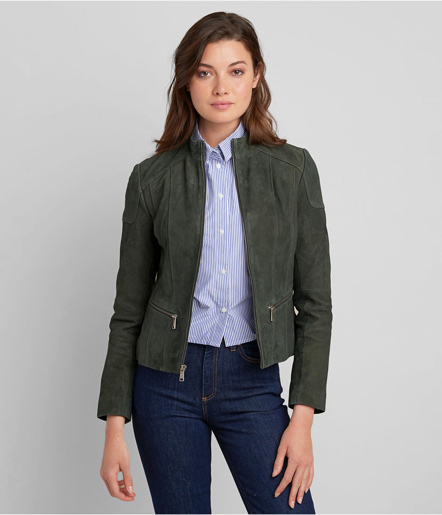 Women's Suede Leather Biker Jacket In Olive