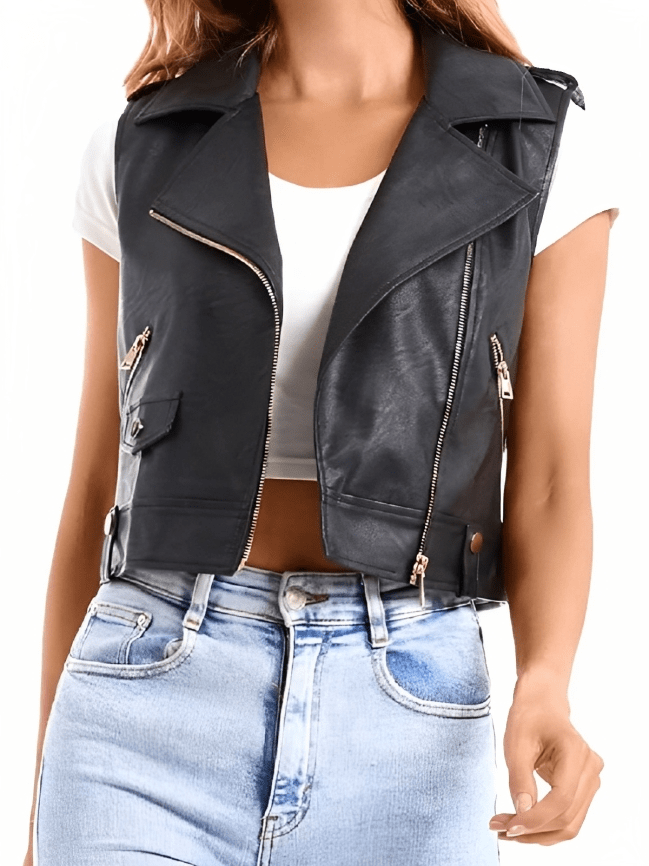 Stylish Women's Black Leather Biker Vest - TOPGURUJACKETS