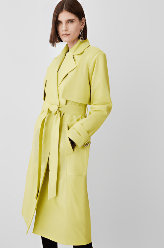 Stylish Women's Leather Trench Coat - Yellow