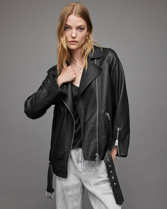 Timeless Women's Black Leather Biker Jacket with Belt