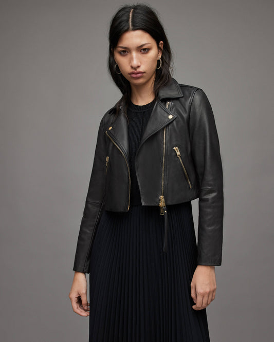 Chic Women's Cropped Leather Biker Jacket with Gold Tone Zippers