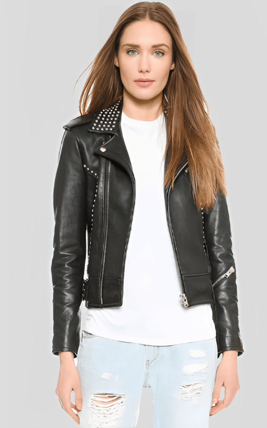 Women's Black Studded Biker Leather Jacket - Edgy & Elegant