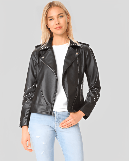 Women's Black Studded Leather Biker Jacket - Edgy & Elegant