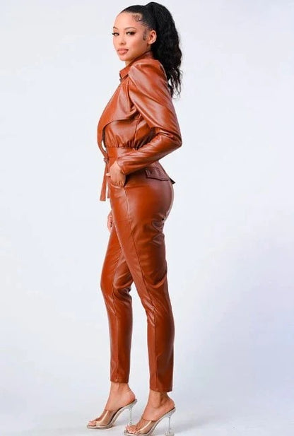 Women's Brown Leather Jumpsuit