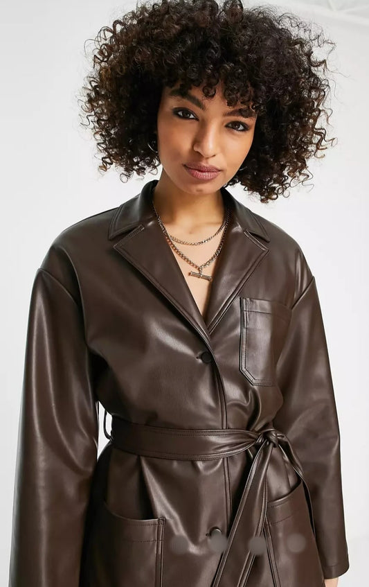 Women's Stylish Chocolate Brown Leather Shirt with Belt