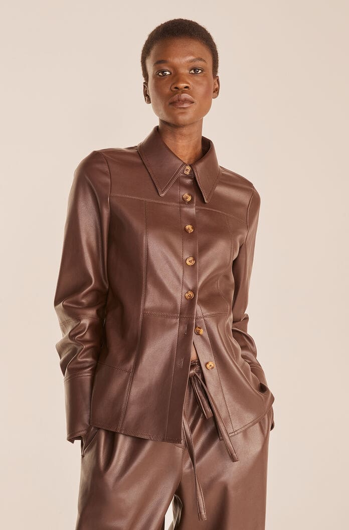 Women's Stylish Chocolate Brown Leather Shirt with Gold Buttons