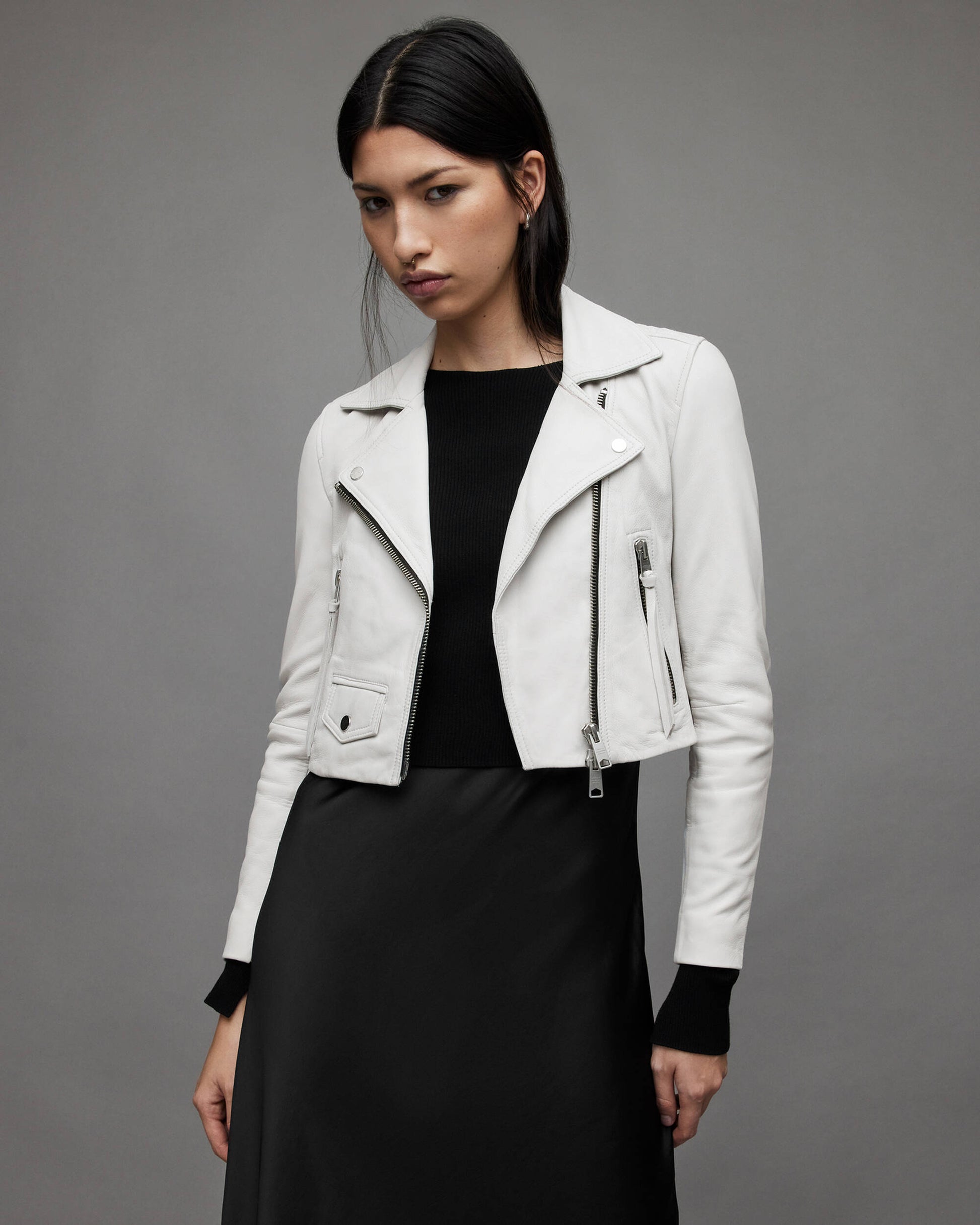 Trendy Women's White Cropped Leather Biker Jacket