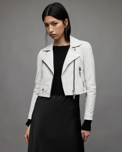 Trendy Women's White Cropped Leather Biker Jacket