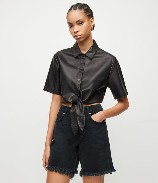 Women's Stylish Black Cropped Leather Shirt