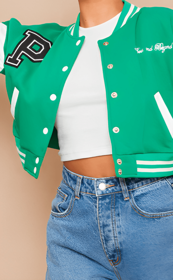  Trendy Women's Green Cropped Varsity Bomber Leather Jacket