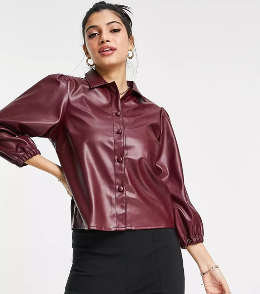  Women's Elegant Maroon Full Sleeve Leather Shirt