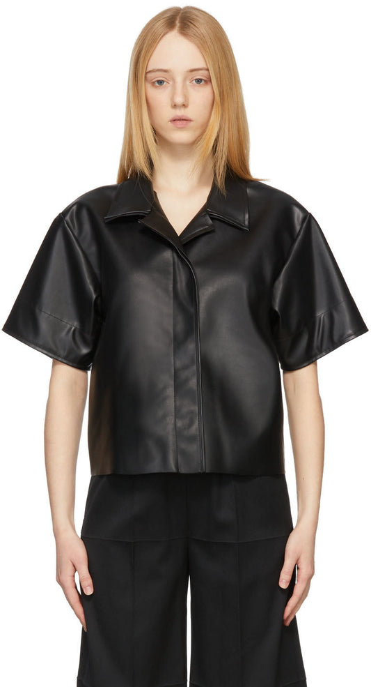 Women's Chic Half Sleeve Black Leather Shirt