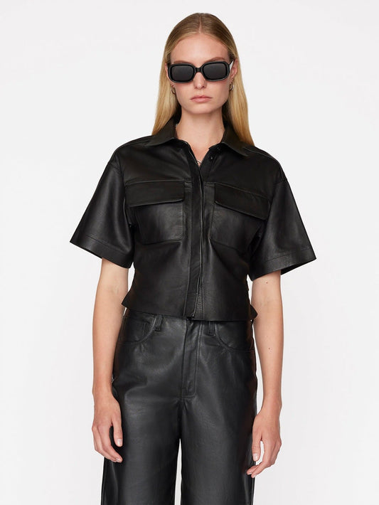 Women's Sleek Black Half Sleeve Leather Shirt