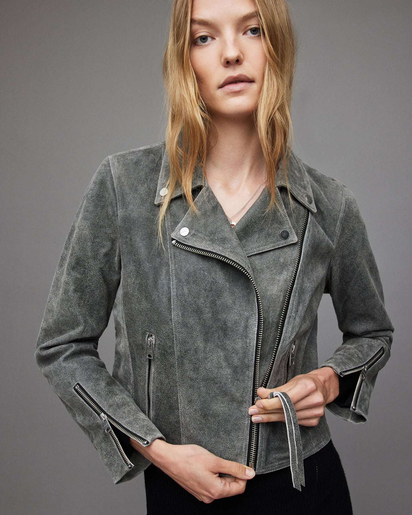 Elegant Women's Gray Suede Leather Biker Jacket