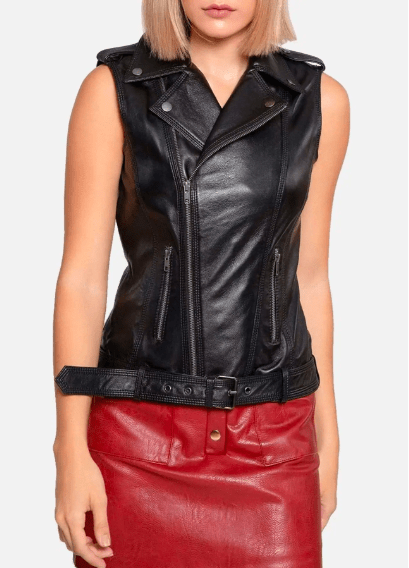 Stylish Women's Black Leather Biker Vest with Belt