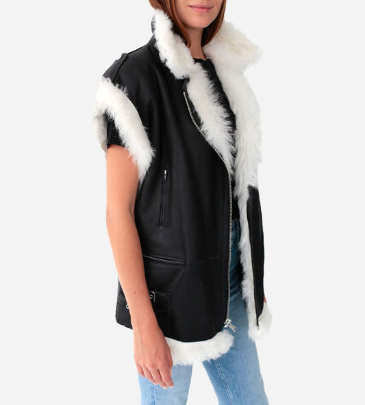 Women's Shearling Leather Biker Vest In Black