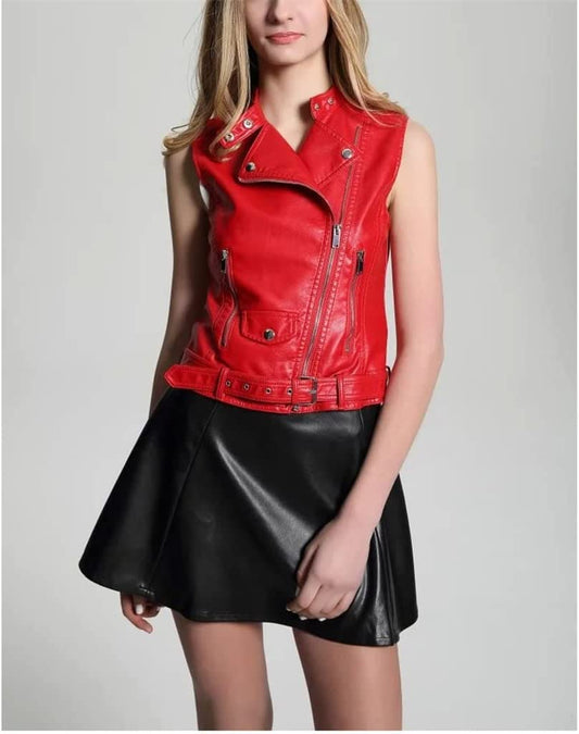 Women's Leather Biker Vest In Red