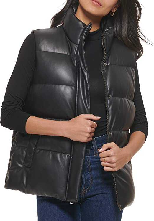 Stylish Women's Black Leather Puffer Vest with Quilted Design