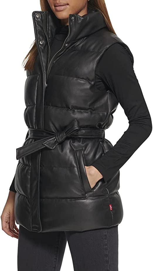 Women's Puffer Leather Vest in Black with Belt