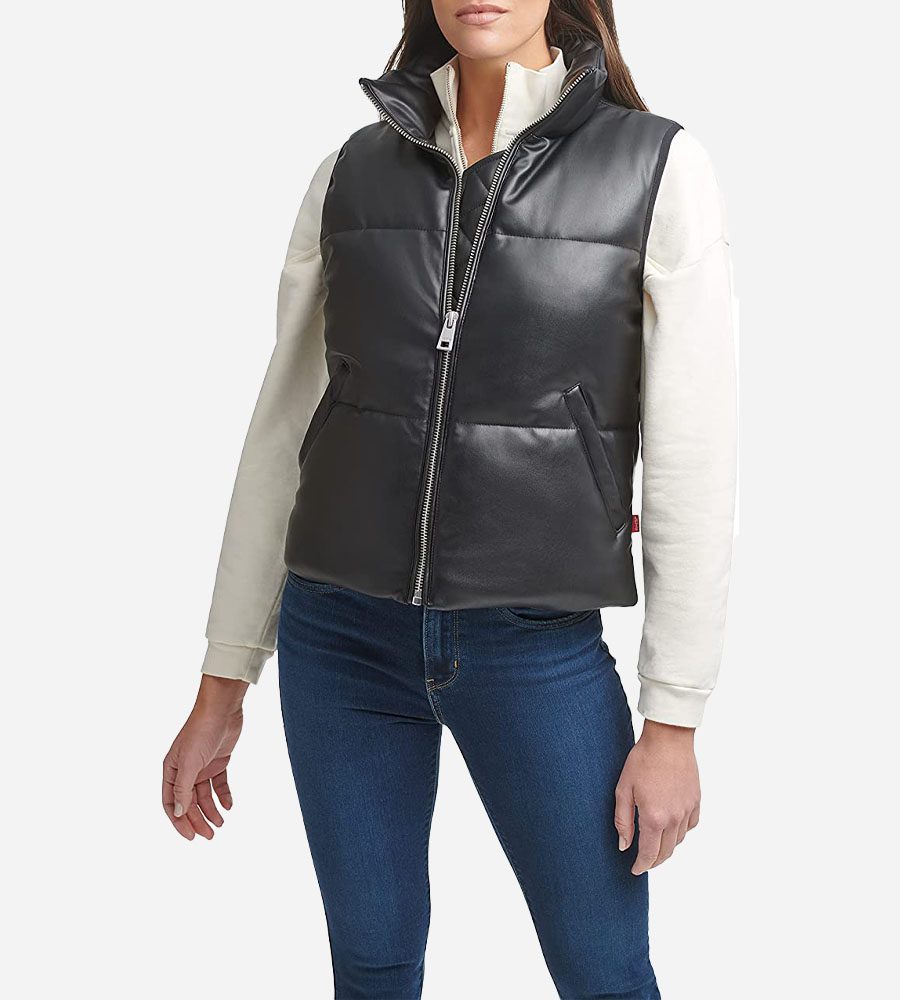 Women's Puffer Leather Vest In Black