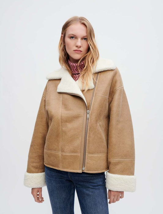 Women's Shearling Biker Leather Jacket in Tan Brown