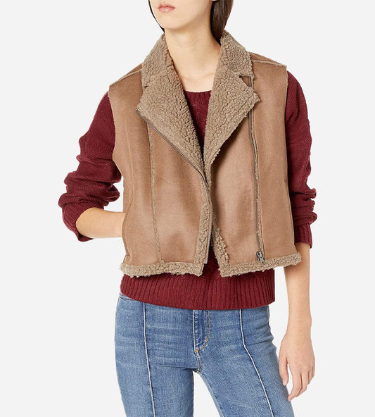 Women's Brown Shearling Leather Biker Vest - Trendy & Warm