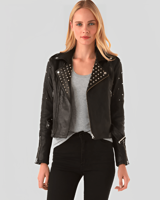 Women's Studded Biker Leather Jacket in Black - Edgy & Chic