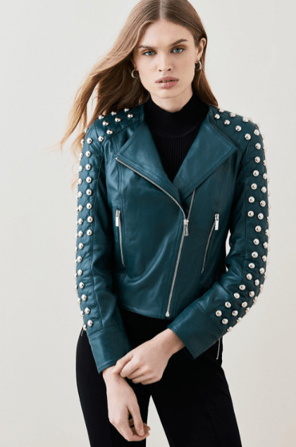 Women's Quilted Studded Leather Jacket In Jade Green