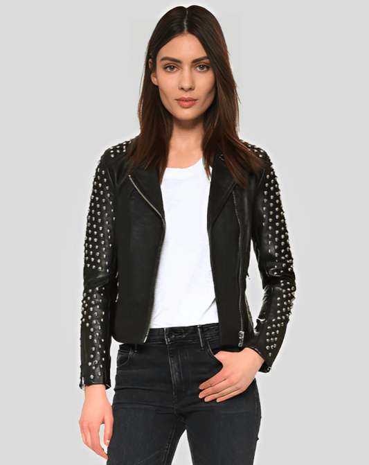 Women's Studded Black Leather Biker Jacket - Edgy & Chic