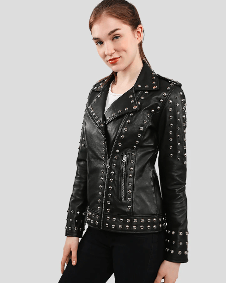 Women's Studded Leather Biker Jacket in Black - Edgy & Chic