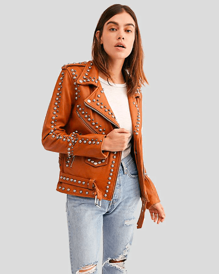 Women's Studded Leather Biker Jacket in Tan Brown - Edgy & Chic