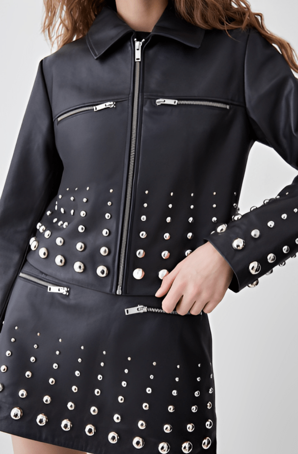 Women's Studded Leather Jacket in Black - Edgy Outerwear