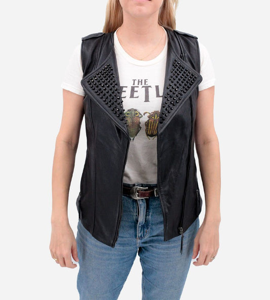 Edgy Women's Black Studded Leather Vest with Zip Closure