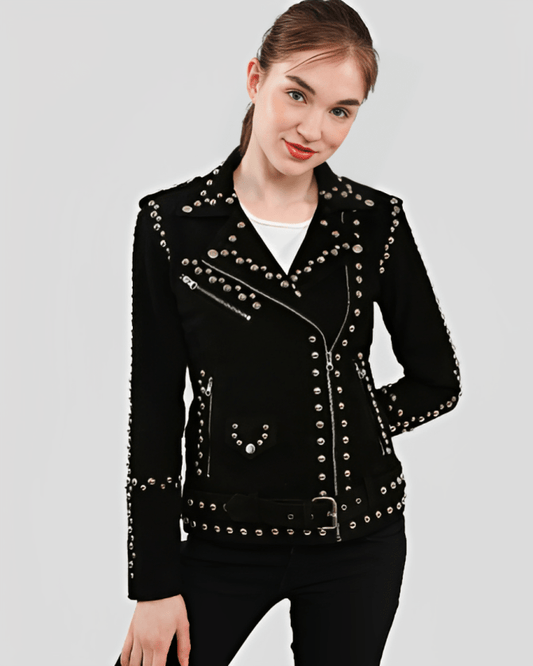 Women's Studded Suede Leather Biker Jacket in Black - Edgy & Elegant