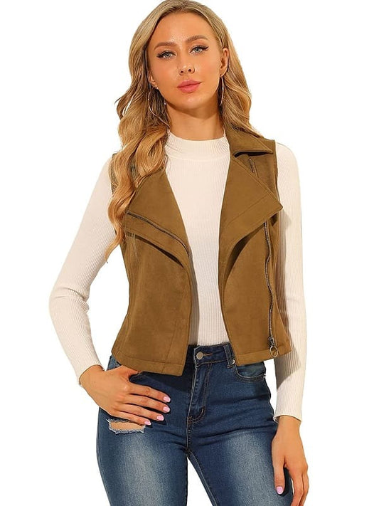 Stylish Women's Tan Brown Suede Leather Biker Vest - TOPGURUJACKETS