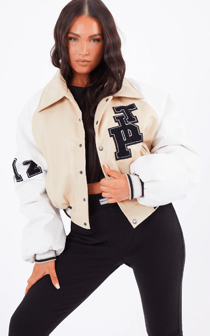 Women's Varsity Bomber Leather Jacket in Beige & White Sleeves