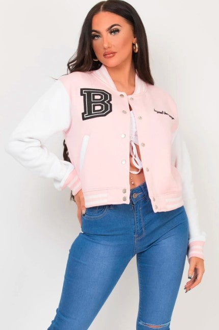 Women's Varsity Bomber Leather Jacket in Pink